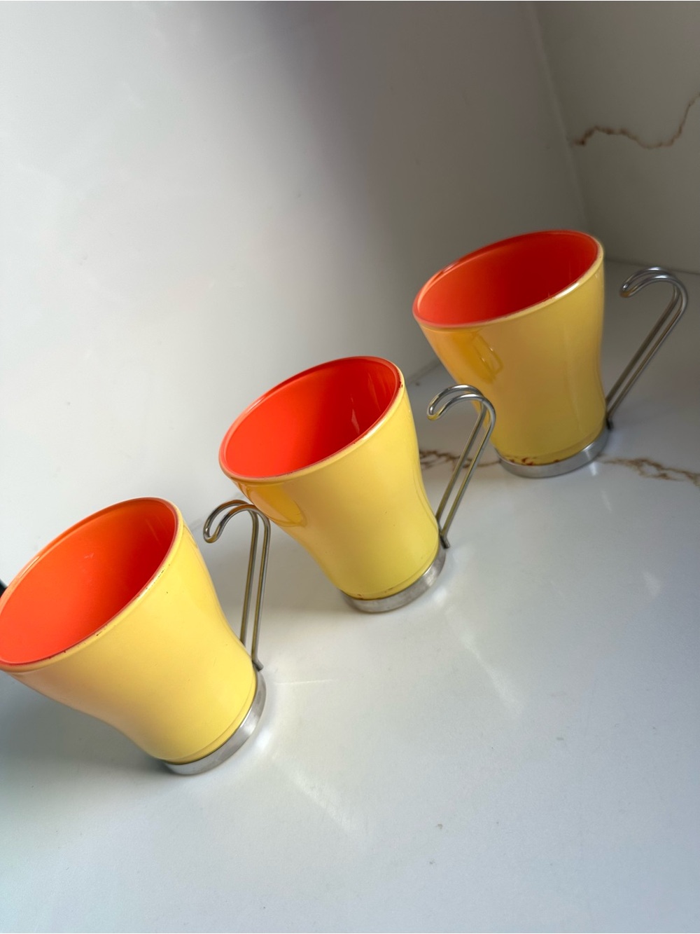Vitrosax Italy Vintage 1960s Glass Cups Set Yellow Orange MCM Chrome Handle